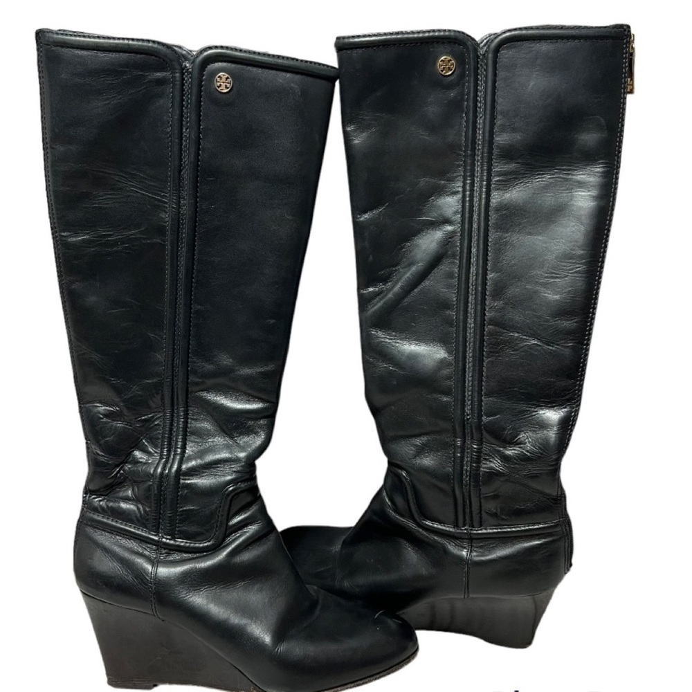 Tory Burch Black Irene Wedge Equestrian Leather Calf Boots/Booties